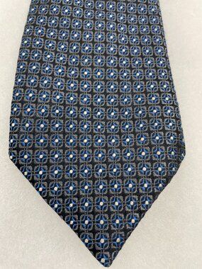 Perry Ellis Portfolio 100% Silk Extra Long Tie Blue Black Geometric Medallion